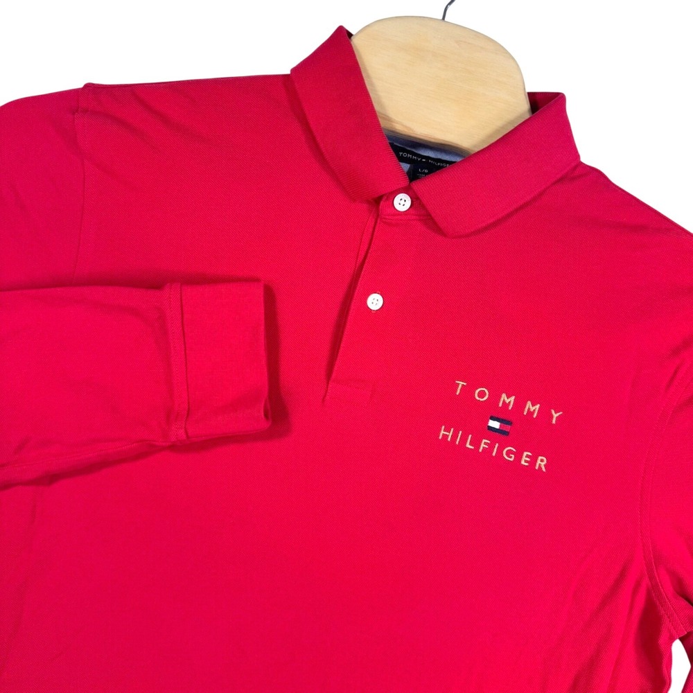 Tommy Hilfiger Long Sleeve Polo Shirt Mens Large Red Classic Preppy Sporty